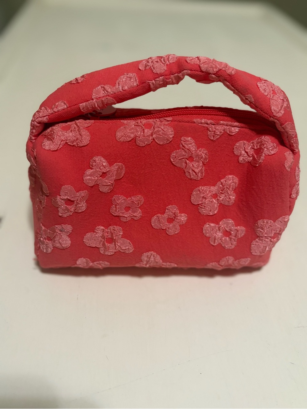 Pink Floral Embroidered Handle Cosmetic Pouch